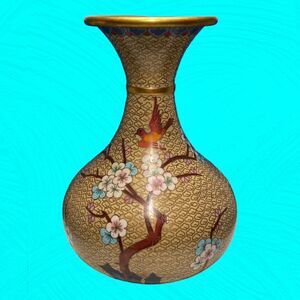 Vintage Asian Cloisonne Vase Bottle Bird Cherry Blossoms 9" Tall READ